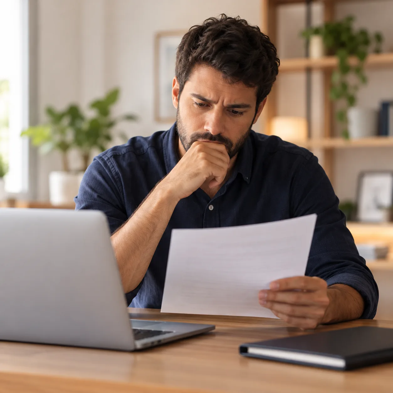 Homem analisando um documento trabalhista ao lado de um notebook